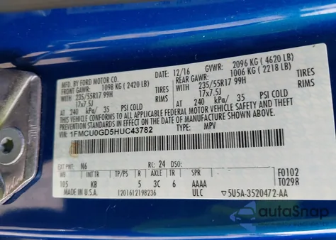 2017 Ford Escape Se z USA, uszkodzony, nr VIN 1FMCU0GD5HUC43782